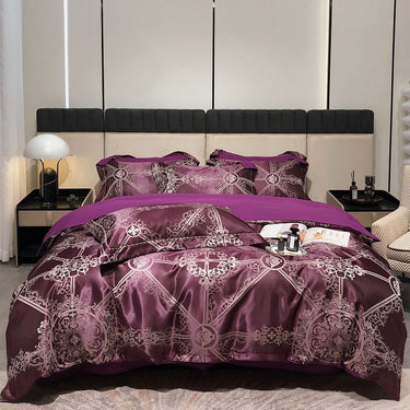 Luxury Purple Green Satin Jacquard Brushed Duvet Cover Set, Polyester 400TC Bedding Set